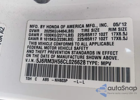 2012 Honda Cr-V Ex z USA, uszkodzony, nr VIN 5J6RM3H56CL026628